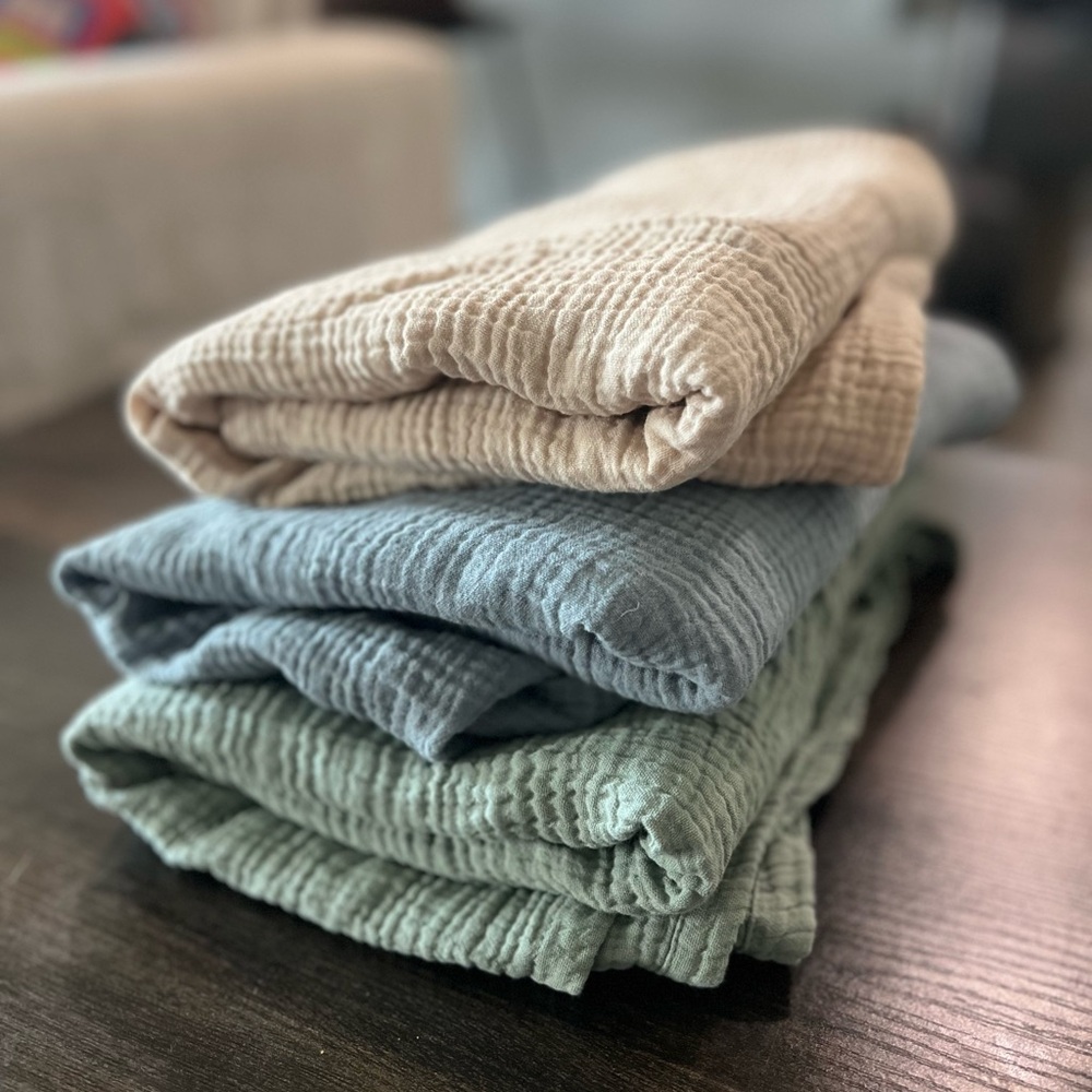 Muslin Baby Swaddle Blankets (NEVER USED) - Sage, Cream & Light Blue (3-Pack)